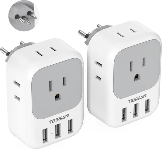 TESSAN Switzerland Power Adapter 2 Pack with 4 Outlets and 3 USB Ports - Type J Plug for US to Switzerland, Liechtenstein, Rwanda