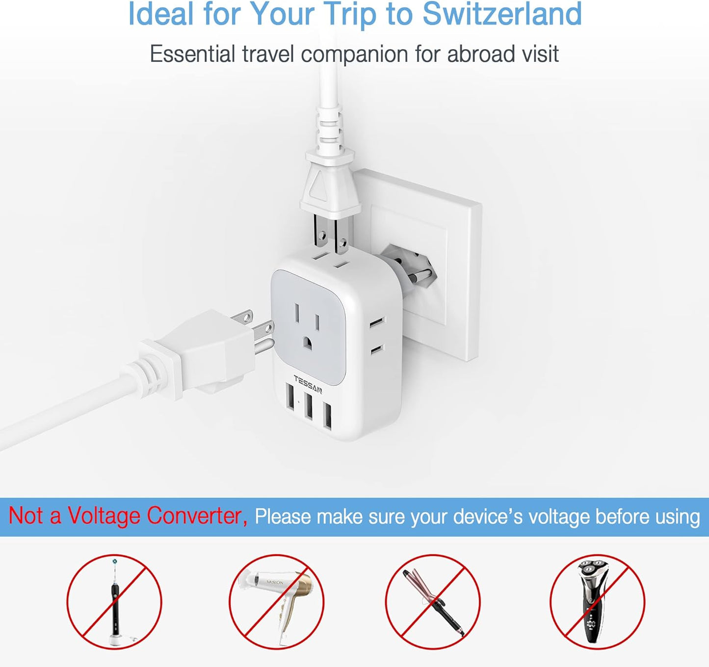 TESSAN Switzerland Power Adapter 2 Pack with 4 Outlets and 3 USB Ports - Type J Plug for US to Switzerland, Liechtenstein, Rwanda