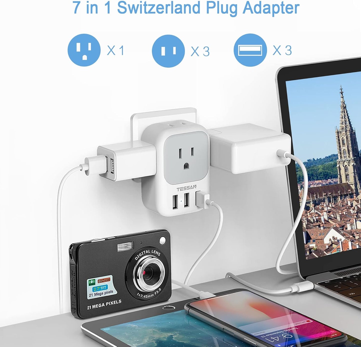 TESSAN Switzerland Power Adapter with 4 Outlets and 3 USB Ports - Type J Plug for US to Switzerland, Liechtenstein, Rwanda