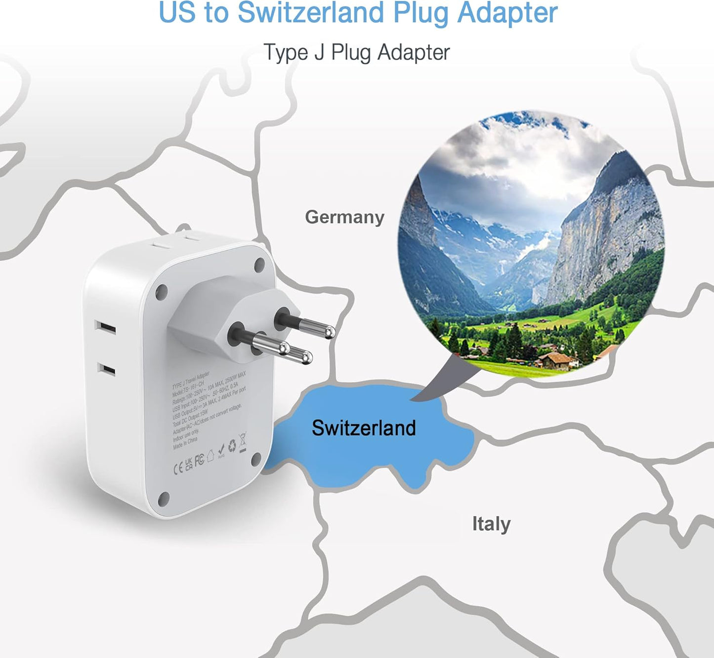 TESSAN Switzerland Power Adapter with 4 Outlets and 3 USB Ports - Type J Plug for US to Switzerland, Liechtenstein, Rwanda
