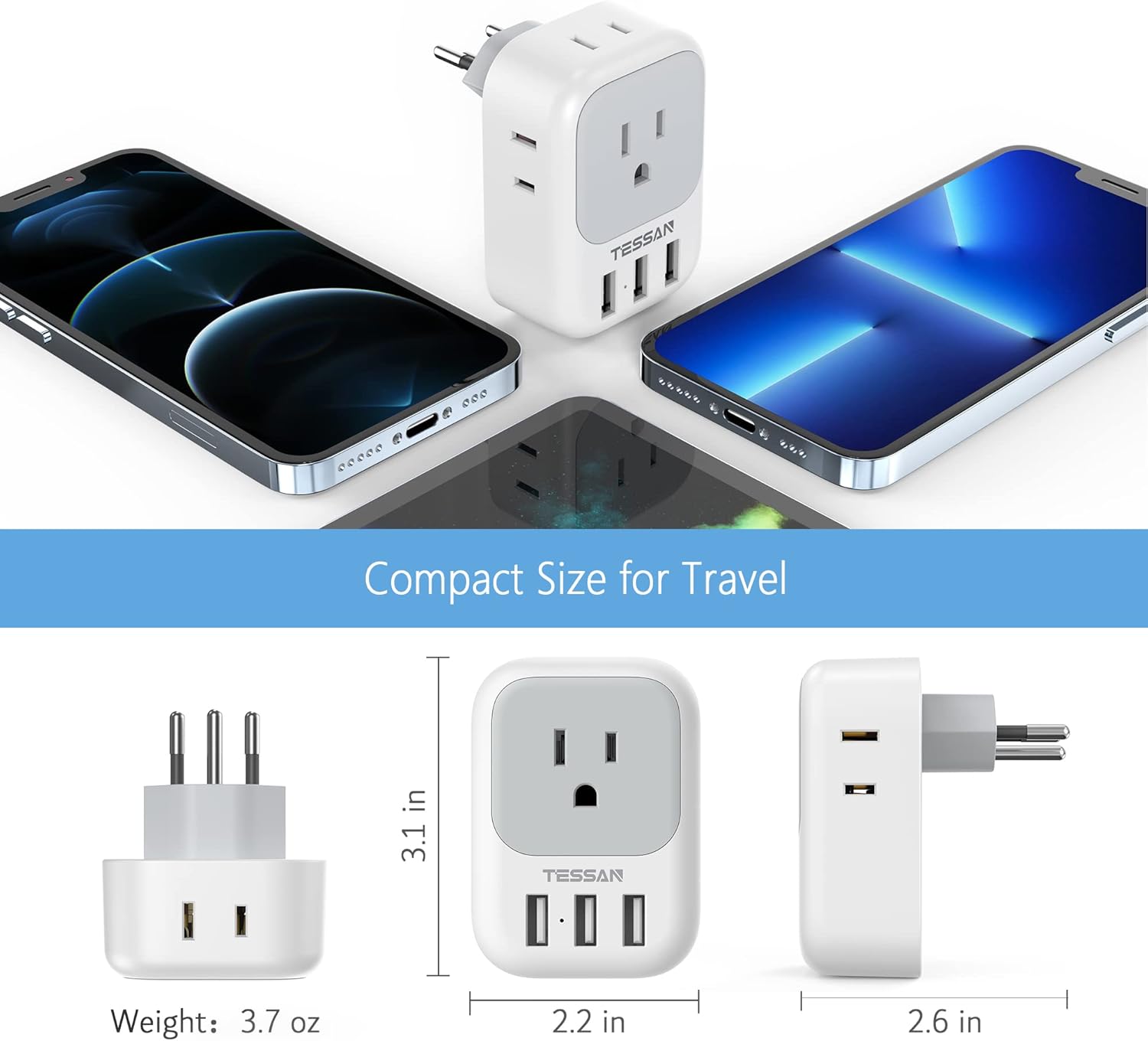 TESSAN Switzerland Power Adapter with 4 Outlets and 3 USB Ports - Type J Plug for US to Switzerland, Liechtenstein, Rwanda