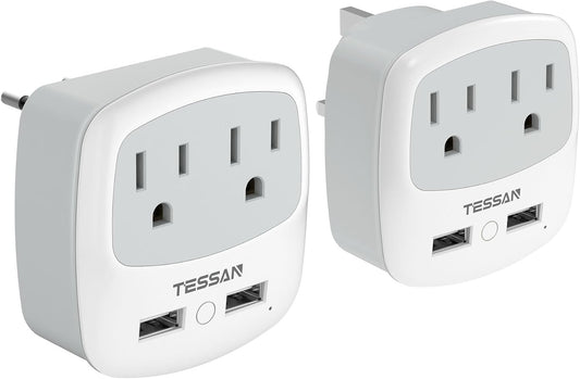 TESSAN Travel Plug Adapter with USB Charger - International Power Adaptor for American Outlets - UK EU Italy Spain France Germany Iceland Greece Israel
