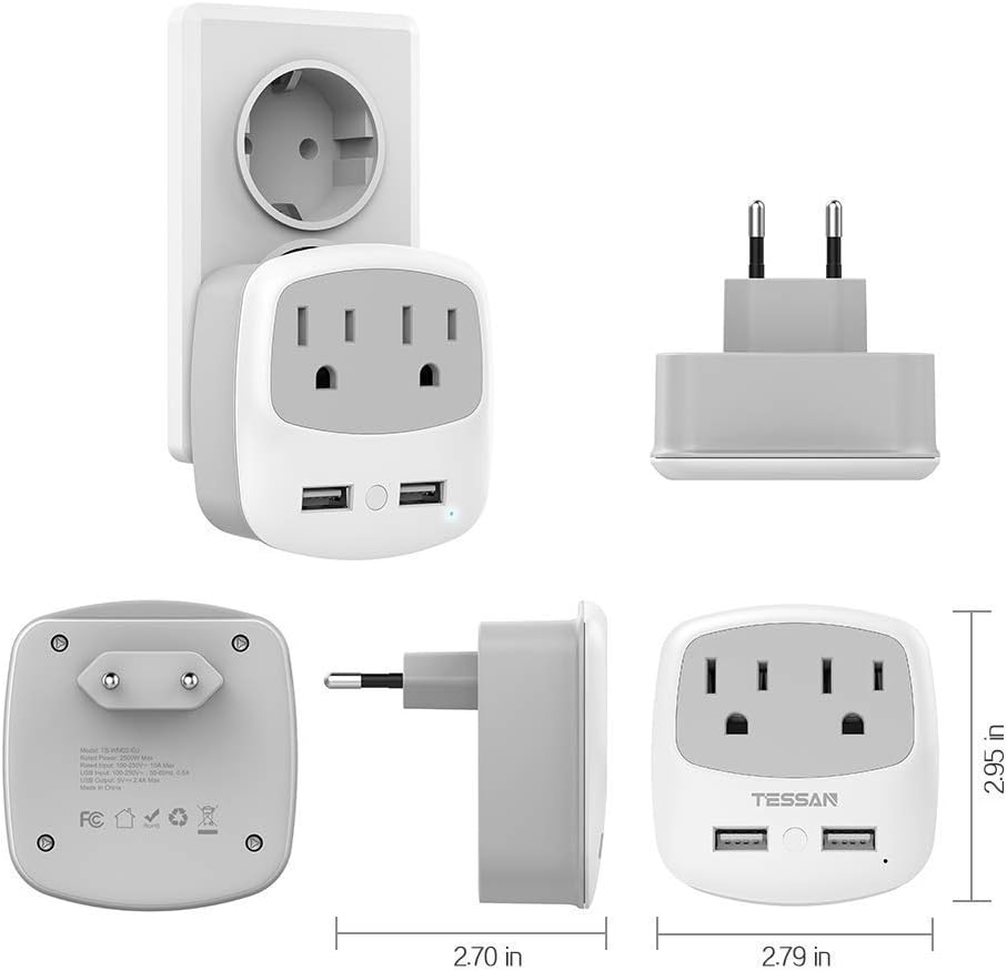 TESSAN Travel Plug Adapter with USB Charger - International Power Adaptor for American Outlets - UK EU Italy Spain France Germany Iceland Greece Israel