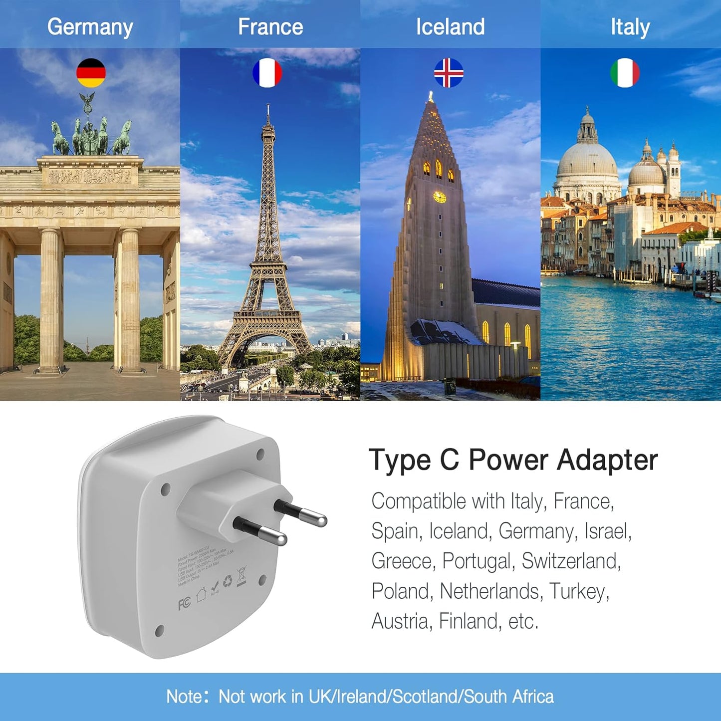 TESSAN Travel Plug Adapter with USB Charger - International Power Adaptor for American Outlets - UK EU Italy Spain France Germany Iceland Greece Israel