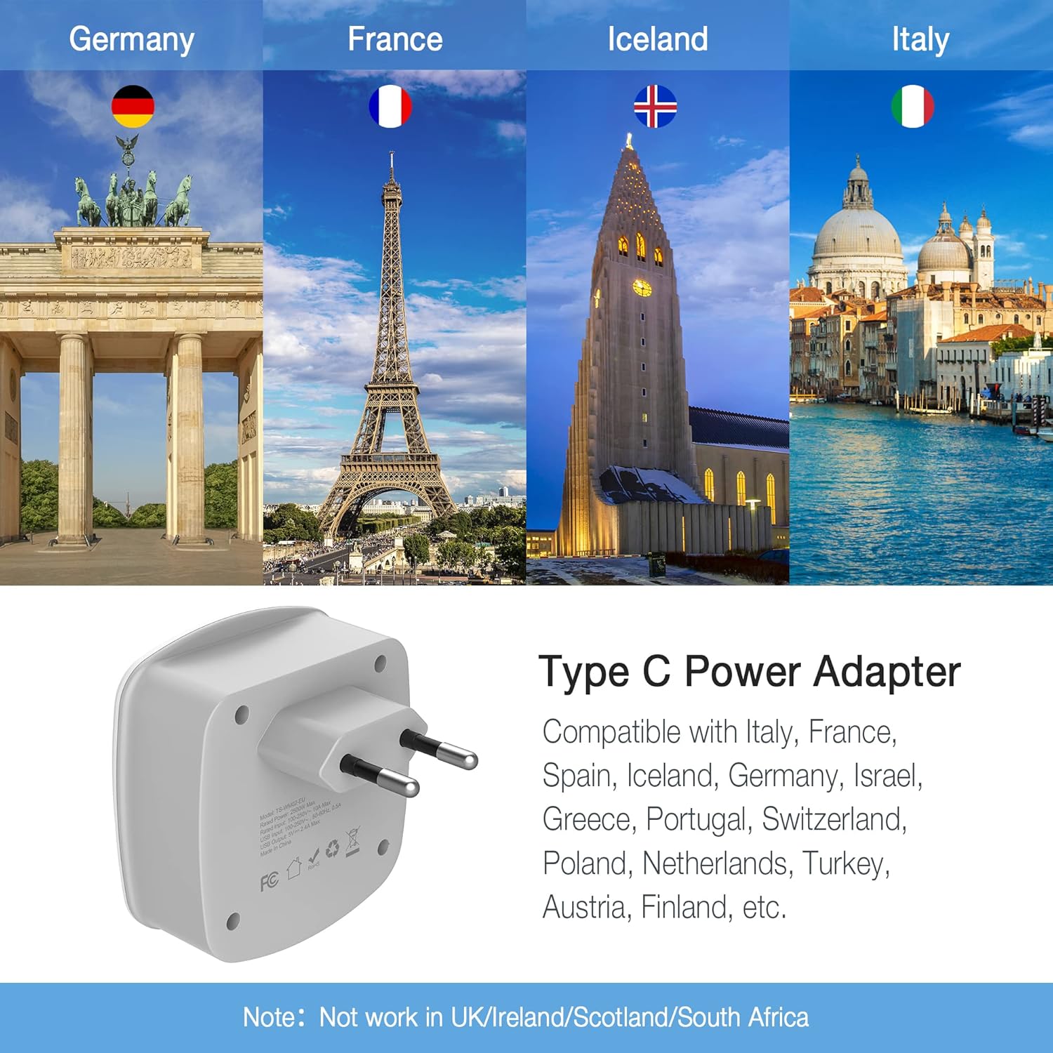 TESSAN Travel Plug Adapter with USB Charger - International Power Adaptor for American Outlets - UK EU Italy Spain France Germany Iceland Greece Israel
