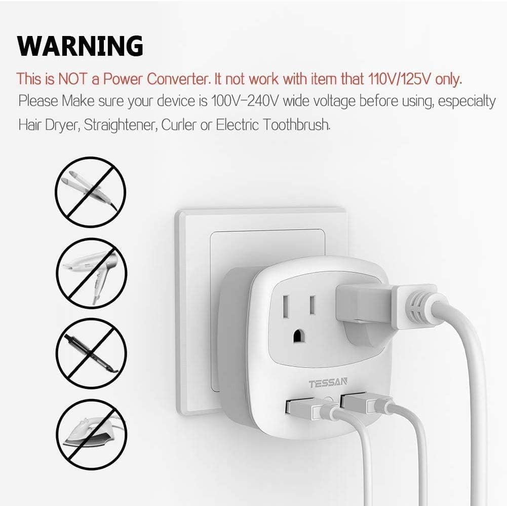 TESSAN Travel Plug Adapter with USB Charger - International Power Adaptor for American Outlets - UK EU Italy Spain France Germany Iceland Greece Israel