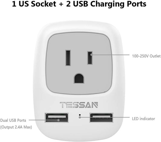 TESSAN Type F Plug Adapter 2 Pack with 2 USB Ports - US to Europe Power Outlet Adaptor for Germany, France, Spain, and More