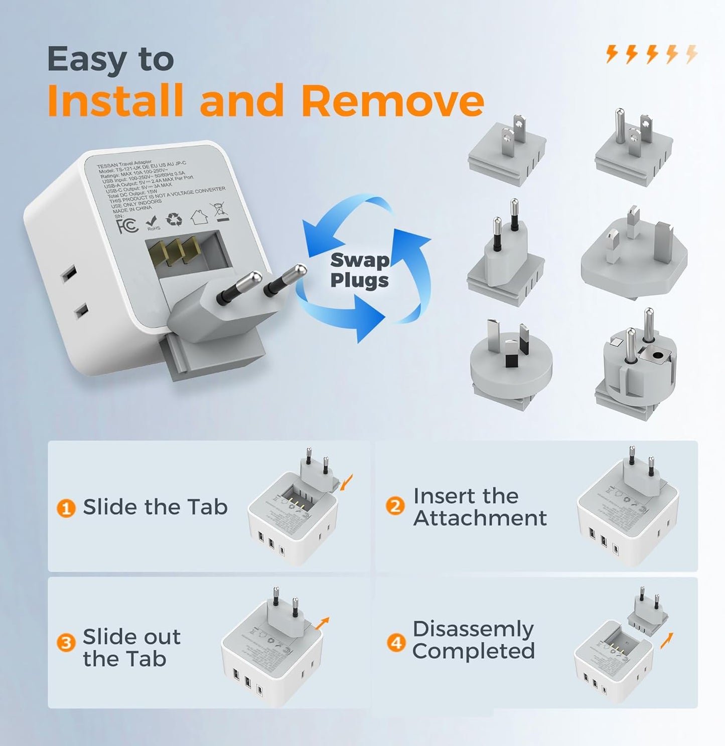 TESSAN Universal Travel Adapter Kit with 3 USB and 3 AC Outlets - Type C G E F I A B - Worldwide Travel Adapter for US EU UK Australia Japan