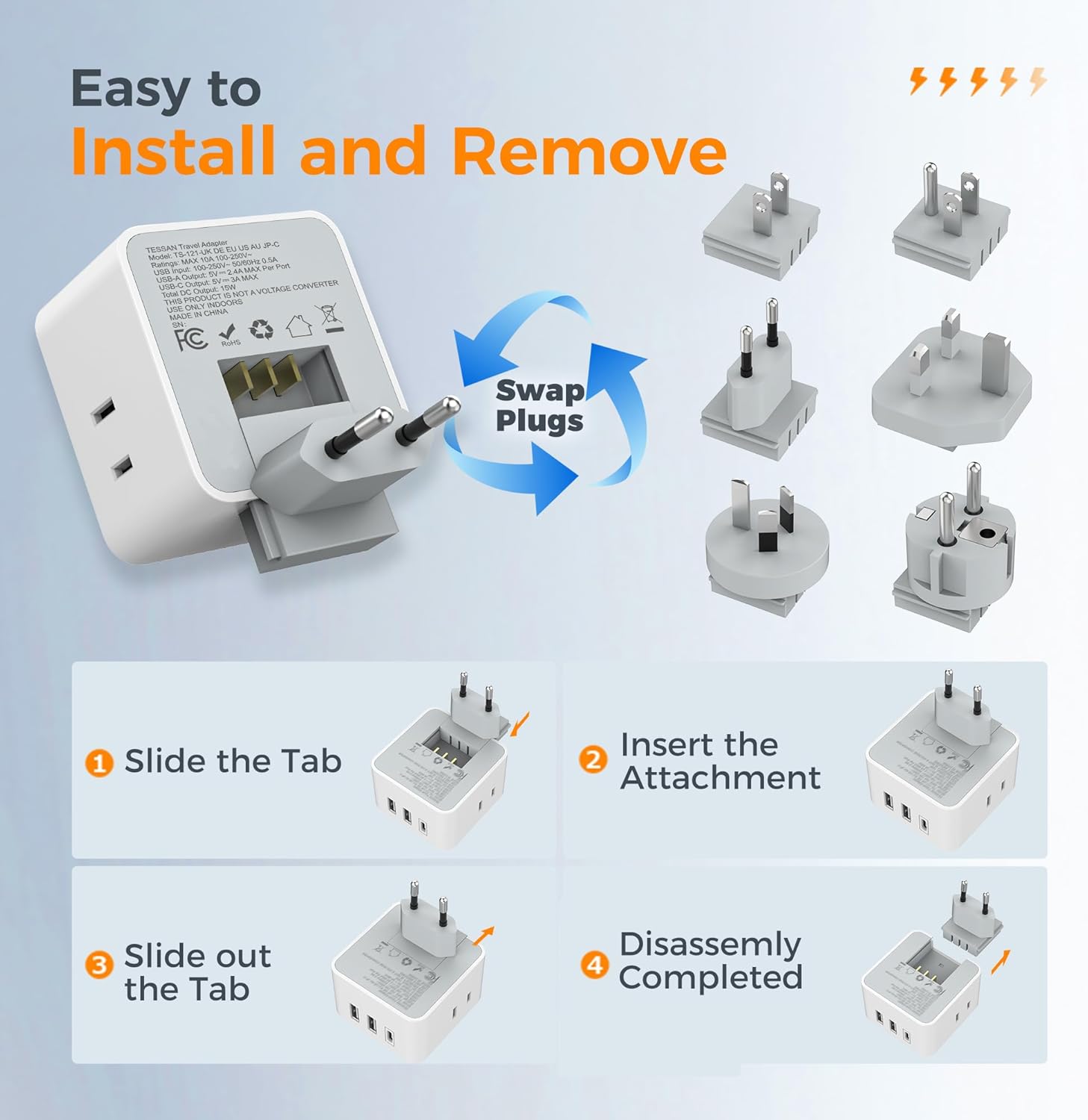 TESSAN Universal Travel Adapter Kit with 3 USB and 3 AC Outlets - Type C G E F I A B - Worldwide Travel Adapter for US EU UK Australia Japan