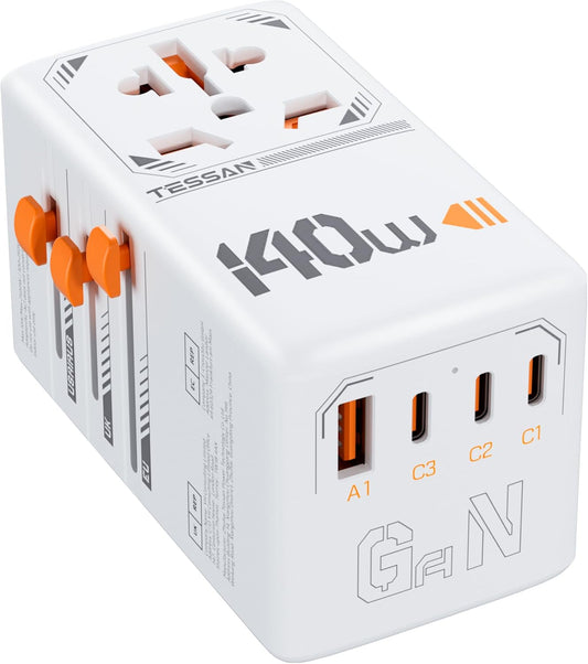 TESSAN Universal Travel Adapter with 4 USB Ports, 140W GaN International Plug for US EU UK AU, Type C/G/A/I Outlet Adapter