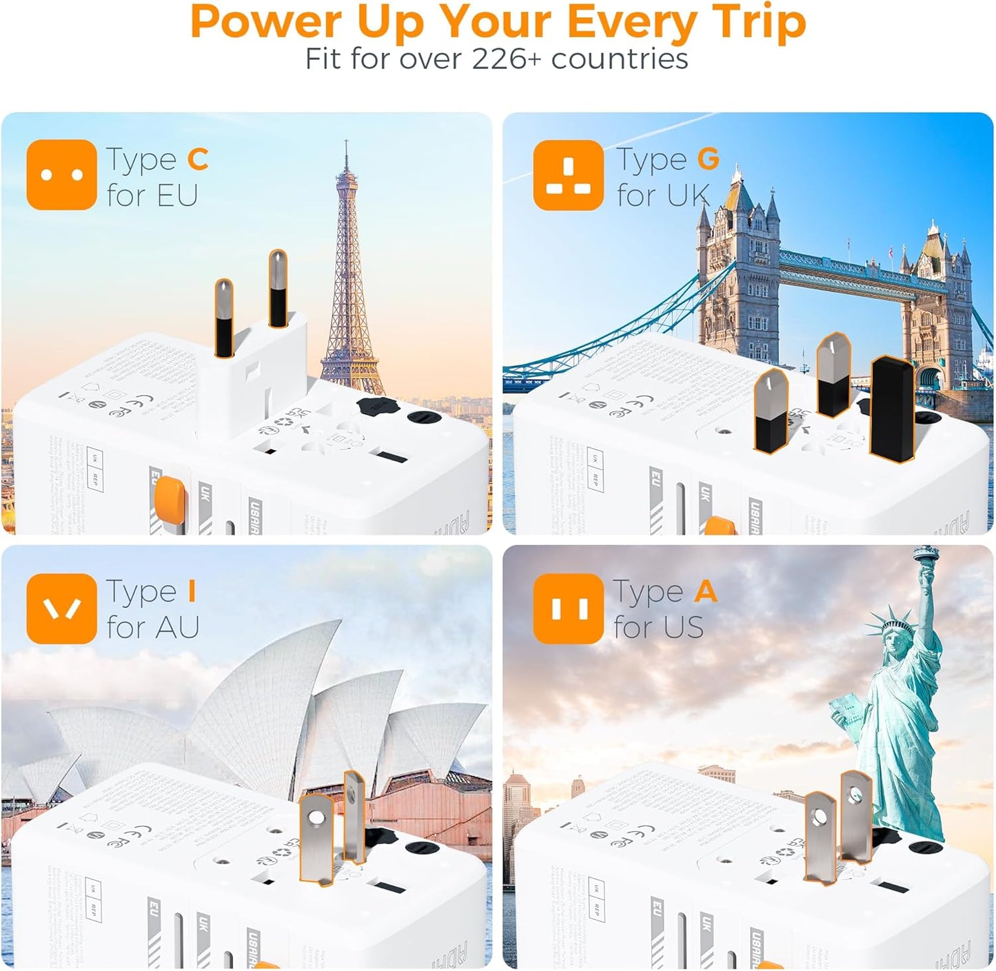 TESSAN Universal Travel Adapter with 4 USB Ports, 140W GaN International Plug for US EU UK AU, Type C/G/A/I Outlet Adapter