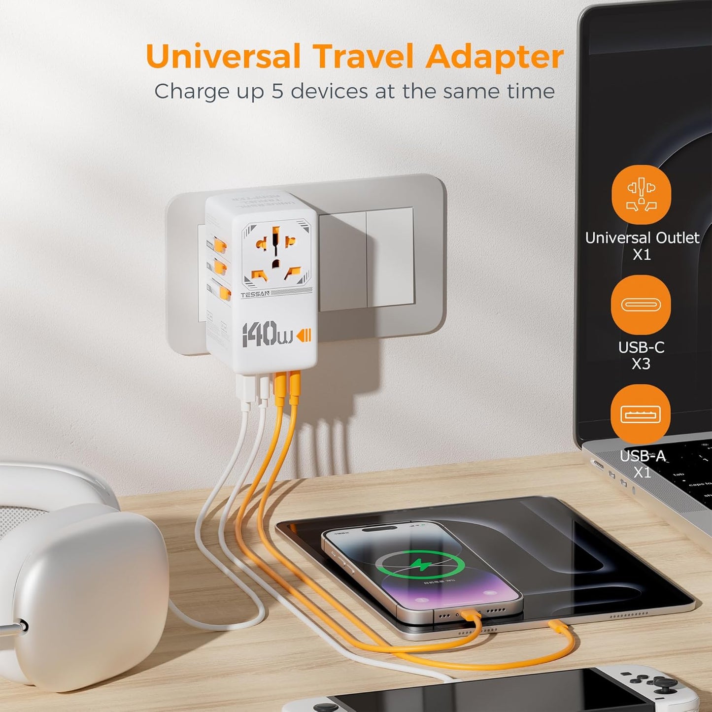 TESSAN Universal Travel Adapter with 4 USB Ports, 140W GaN International Plug for US EU UK AU, Type C/G/A/I Outlet Adapter
