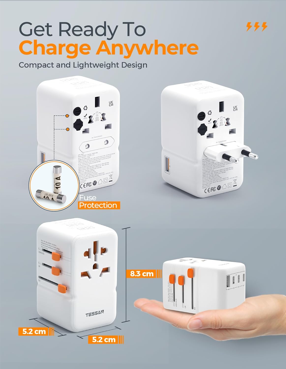 TESSAN Universal Travel Adapter with 5 USB Ports - 85W GaN International Power Adapter for US, Europe, UK, AUS, Ireland
