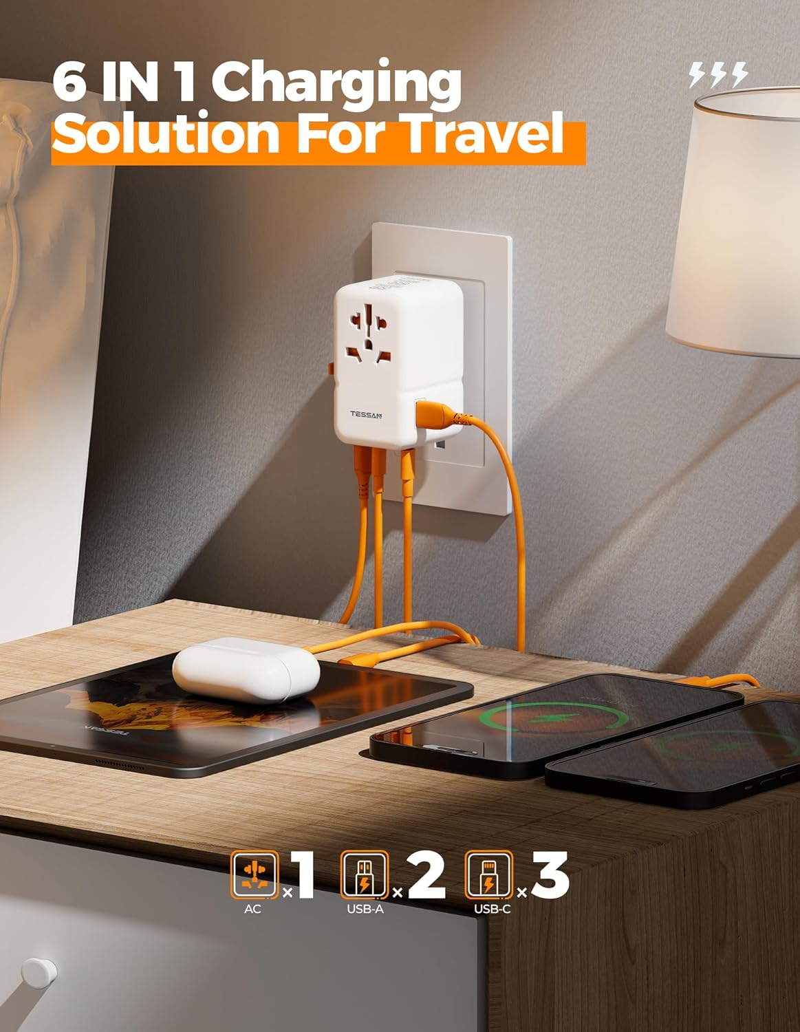 TESSAN Universal Travel Adapter with 5 USB Ports - 85W GaN International Power Adapter for US, Europe, UK, AUS, Ireland