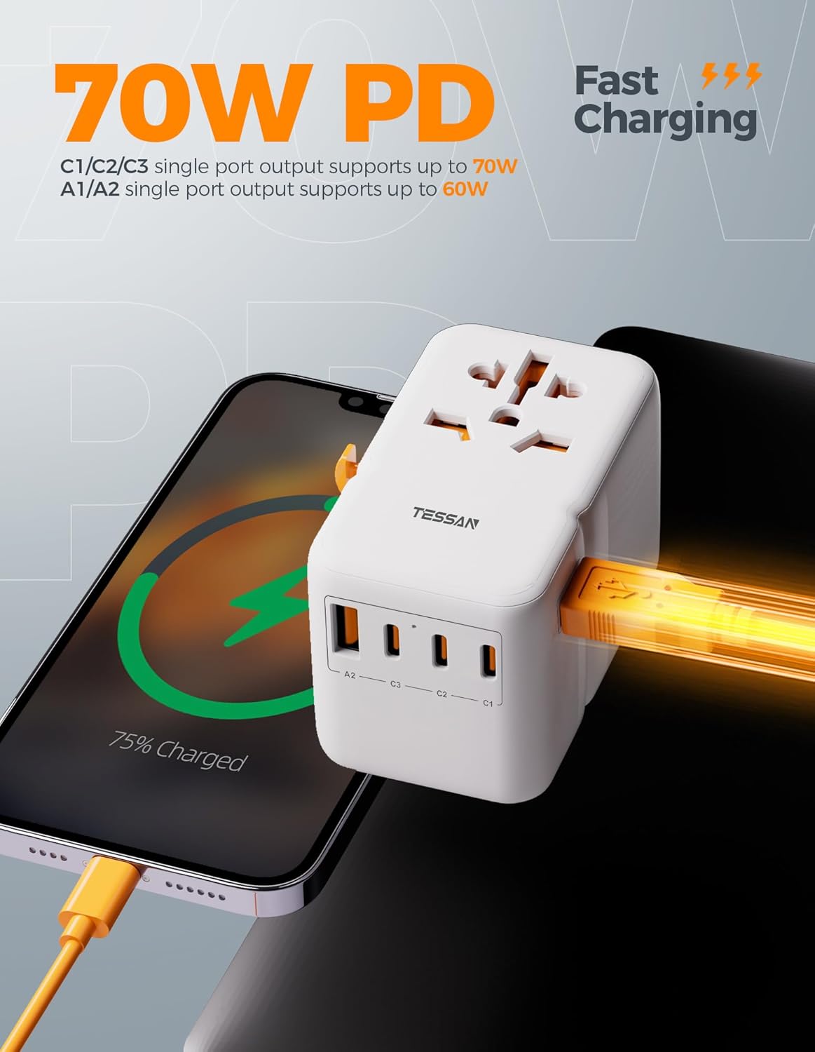 TESSAN Universal Travel Adapter with 5 USB Ports - 85W GaN International Power Adapter for US, Europe, UK, AUS, Ireland