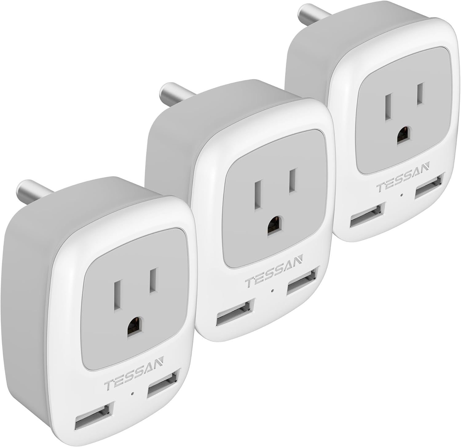 TESSAN US to India Power Adapter with 2 USB, 1 American Socket - Type D Outlet Adaptor for Bangladesh, Maldives, Nepal, Pakistan - 3 Pack
