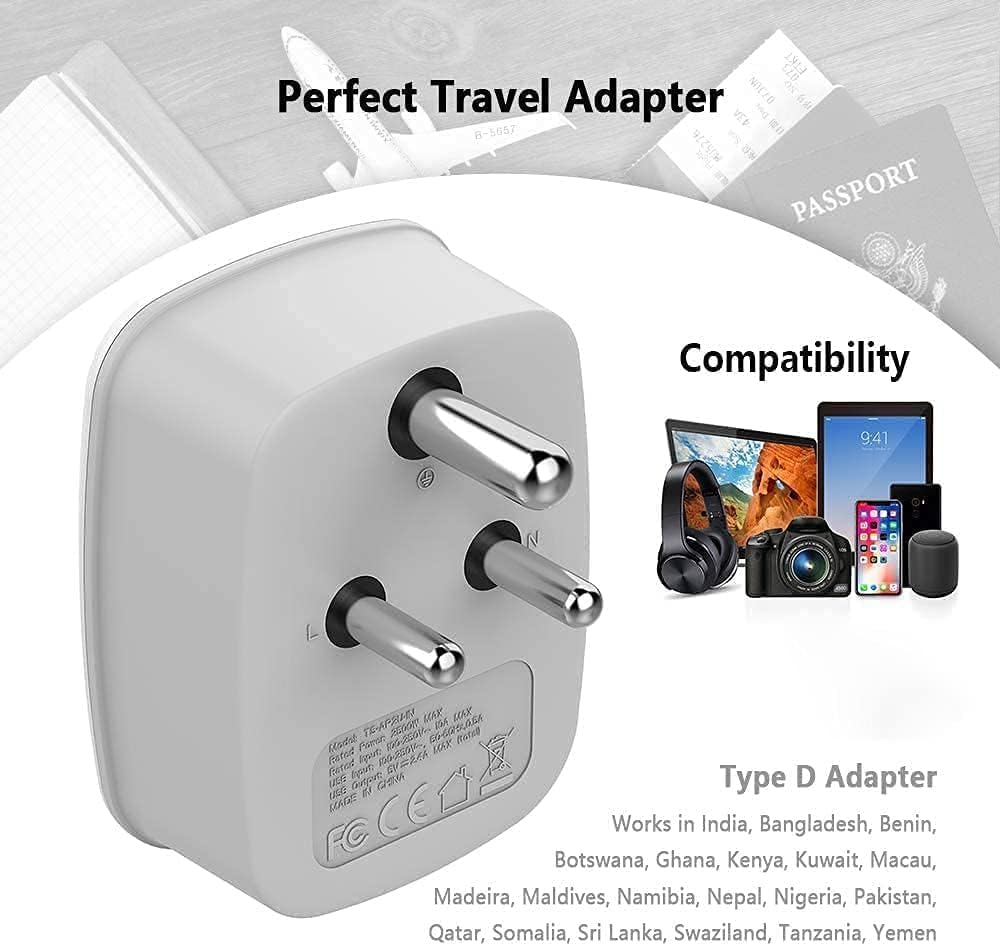 TESSAN US to India Power Adapter with 2 USB, 1 American Socket - Type D Outlet Adaptor for Bangladesh, Maldives, Nepal, Pakistan - 3 Pack