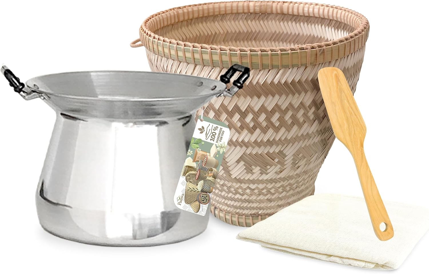 Thai Sticky Rice Cooking Set: Chef-Grade Aluminum Pot and Bamboo Steamer Basket with Spoon and Cheesecloth
