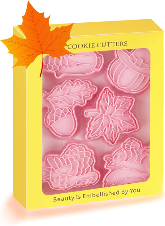 Thanksgiving Cookie Cutters Set - Maple Leaf, Squirrel, Hazelnuts, Turkey, Corn, Pumpkin 3D Cutters and Stamper - Pack of 12