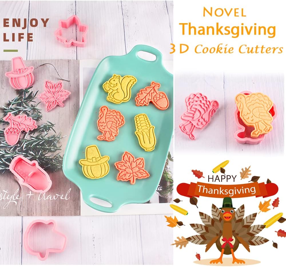Thanksgiving Cookie Cutters Set - Maple Leaf, Squirrel, Hazelnuts, Turkey, Corn, Pumpkin 3D Cutters and Stamper - Pack of 12