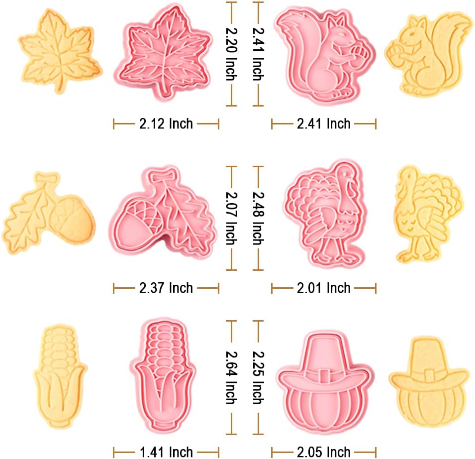 Thanksgiving Cookie Cutters Set - Maple Leaf, Squirrel, Hazelnuts, Turkey, Corn, Pumpkin 3D Cutters and Stamper - Pack of 12