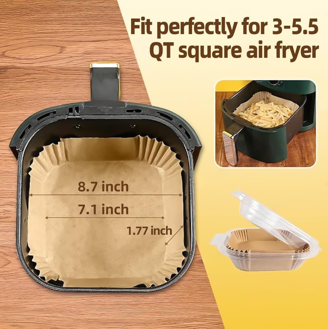 Thickened Square Air Fryer Liners 7.1 x 7.1 inch - Compatible with Ninja, Chefman, Instant Pot, Cosori - Disposable Parchment Liner - 3-5.5 Qt