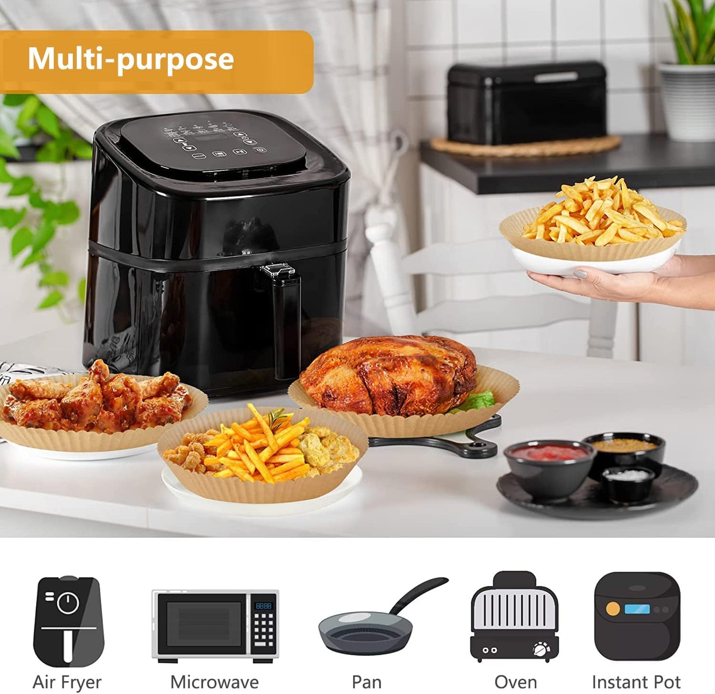 Thickened Square Air Fryer Liners 7.1 x 7.1 inch - Compatible with Ninja, Chefman, Instant Pot, Cosori - Disposable Parchment Liner - 3-5.5 Qt
