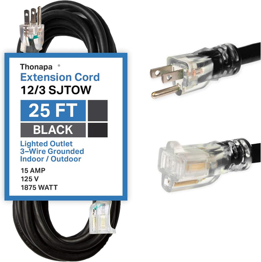 Thonapa 25 Ft 12 Gauge SJTOW Oil Resistant Flame Retardant Heavy Duty Extension Cord - Black Outdoor Electric Cable for Appliances, Farm & Ranch