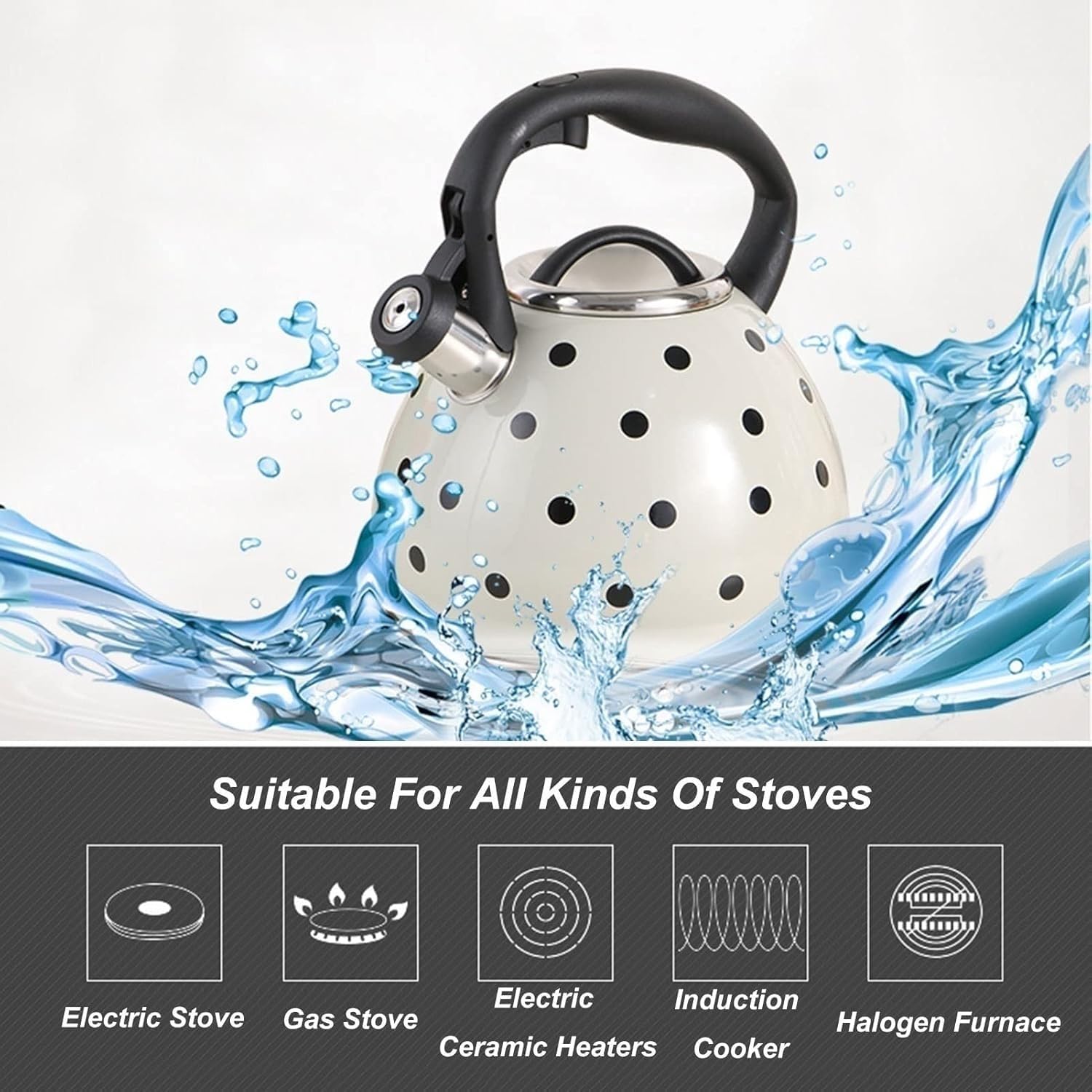 TIMOBIZZ 3L Stainless Steel Whistling Tea Kettle with Polka Dot Pattern - Classic Stovetop Teapot with Heat Resistant Handle