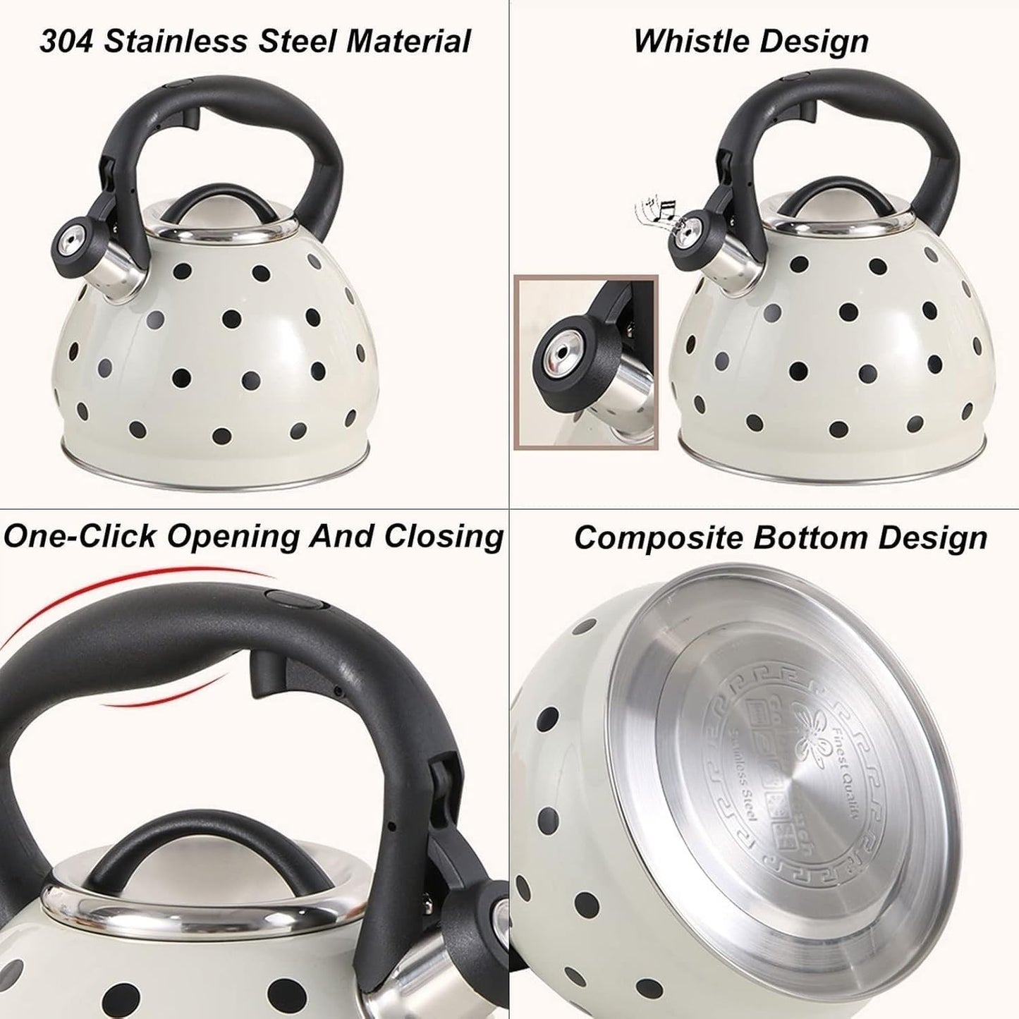 TIMOBIZZ 3L Stainless Steel Whistling Tea Kettle with Polka Dot Pattern - Classic Stovetop Teapot with Heat Resistant Handle