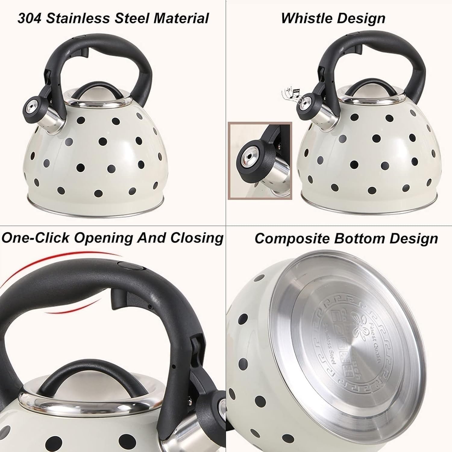 TIMOBIZZ 3L Stainless Steel Whistling Tea Kettle with Polka Dot Pattern - Classic Stovetop Teapot with Heat Resistant Handle