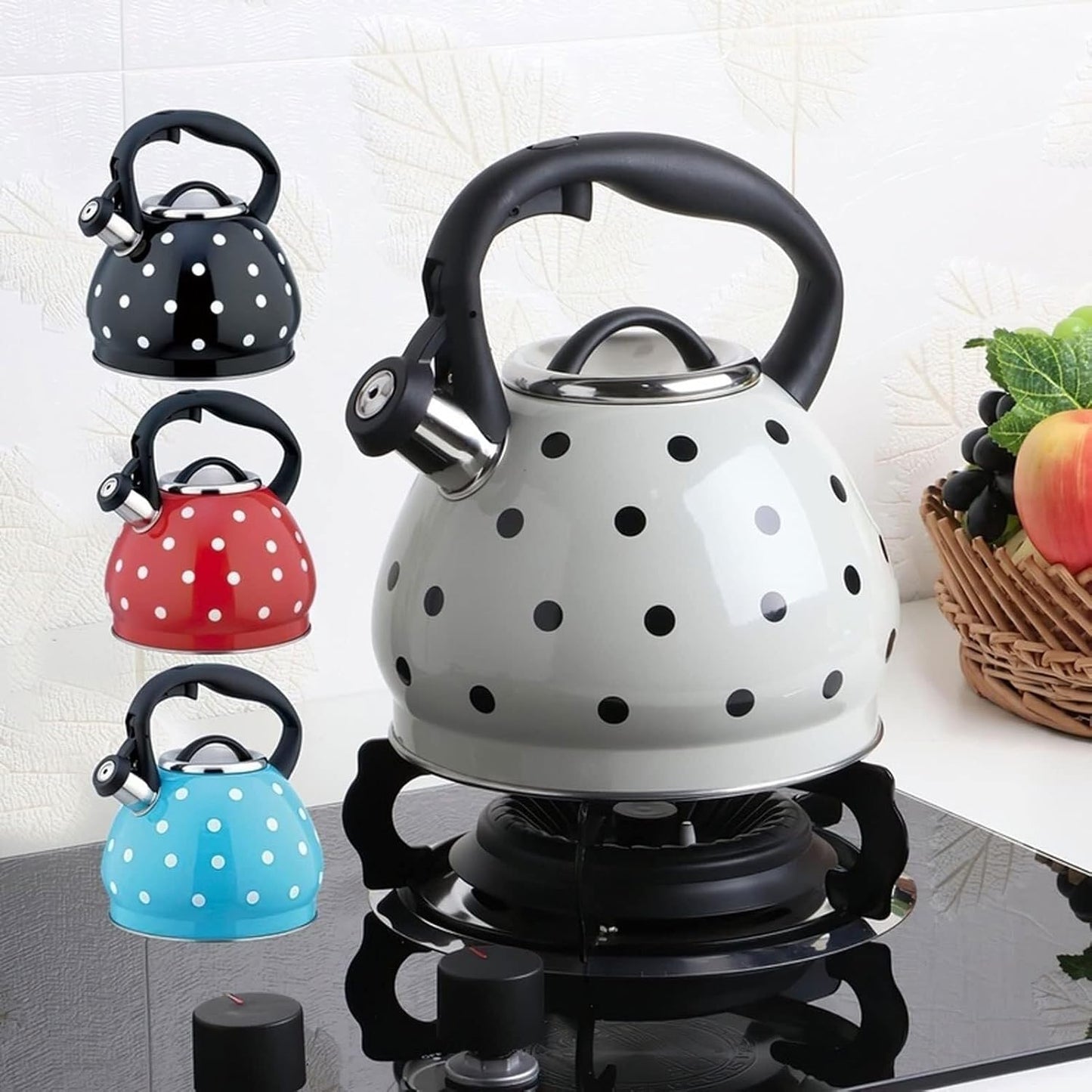 TIMOBIZZ 3L Stainless Steel Whistling Tea Kettle with Polka Dot Pattern - Classic Stovetop Teapot with Heat Resistant Handle