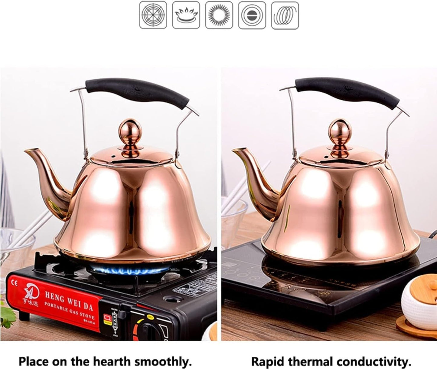 TIMOBIZZ Stainless Steel Whistling Tea Kettle - Fast Heating 2.1 to 5.3 Quart for All Stove Types - Rose Gold, 4L