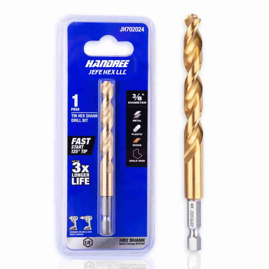 Titanium Coated Twist Drill Bits Set with 3/8" Hex Shank - 135 Degree Split Point for Steel, Copper, Aluminum, Wood - 5 Piece