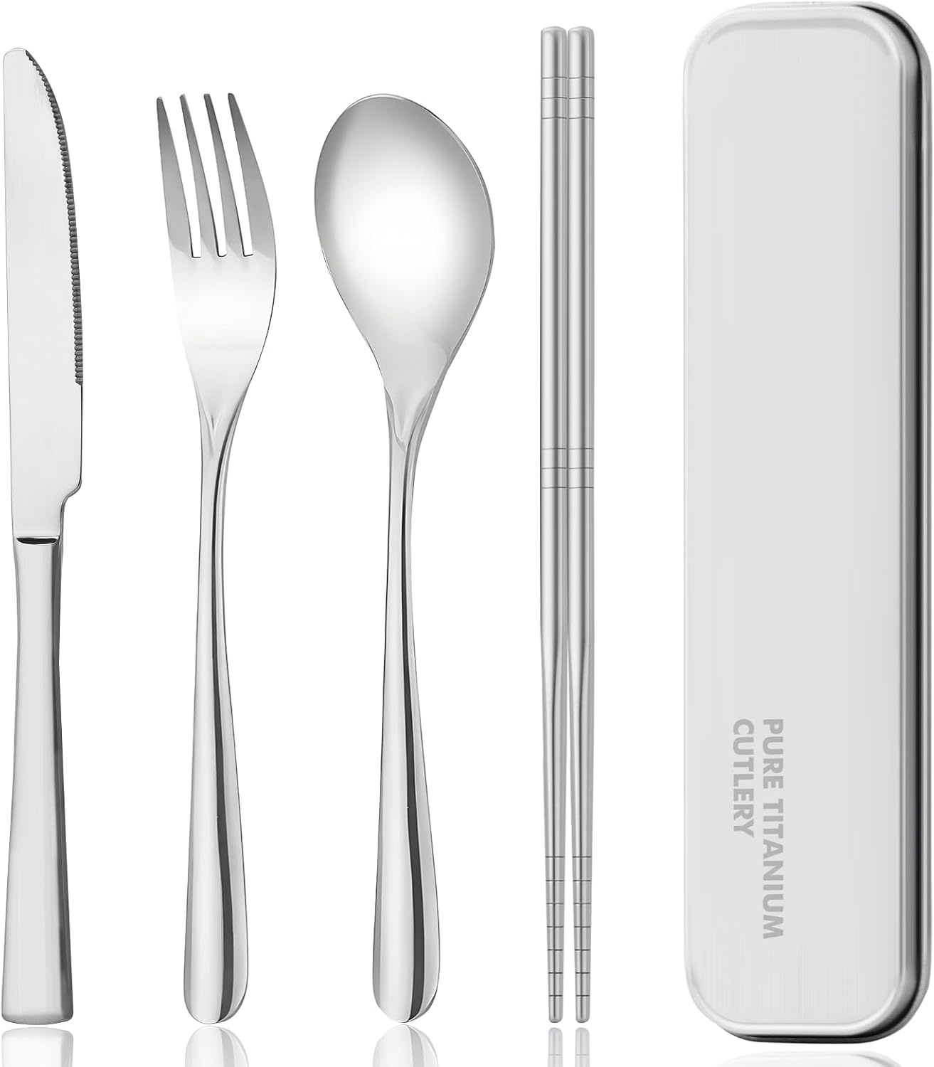 Titanium Travel Tableware Set with Fork, Knife, Chopsticks, and Spoon in Box - Portable Utensils for School, Work, Picnics, and Camping