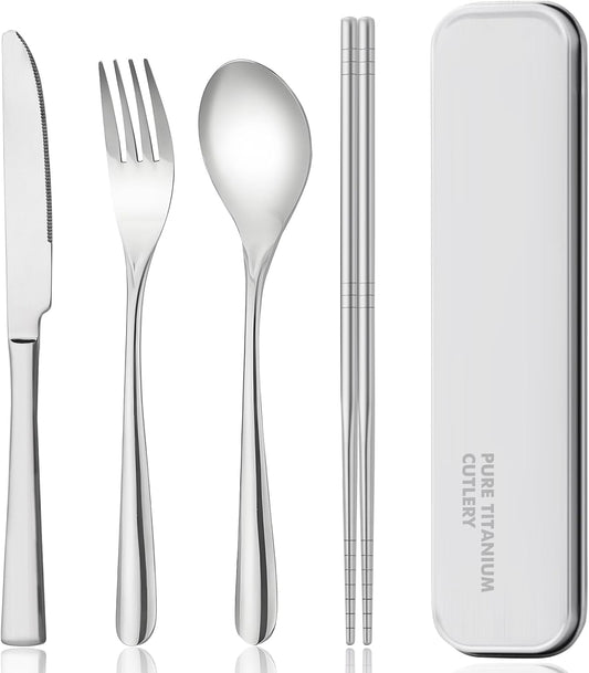 Titanium Travel Tableware Set with Fork, Knife, Chopsticks, and Spoon in Box - Portable Utensils for School, Work, Picnics, and Camping