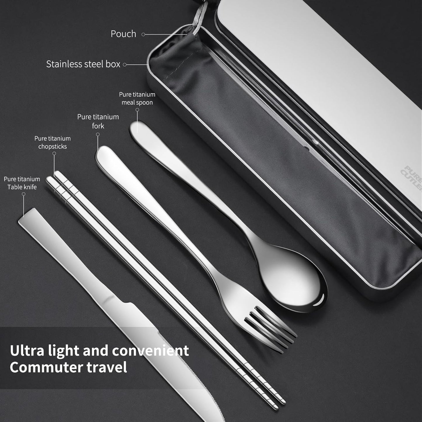 Titanium Travel Tableware Set with Fork, Knife, Chopsticks, and Spoon in Box - Portable Utensils for School, Work, Picnics, and Camping