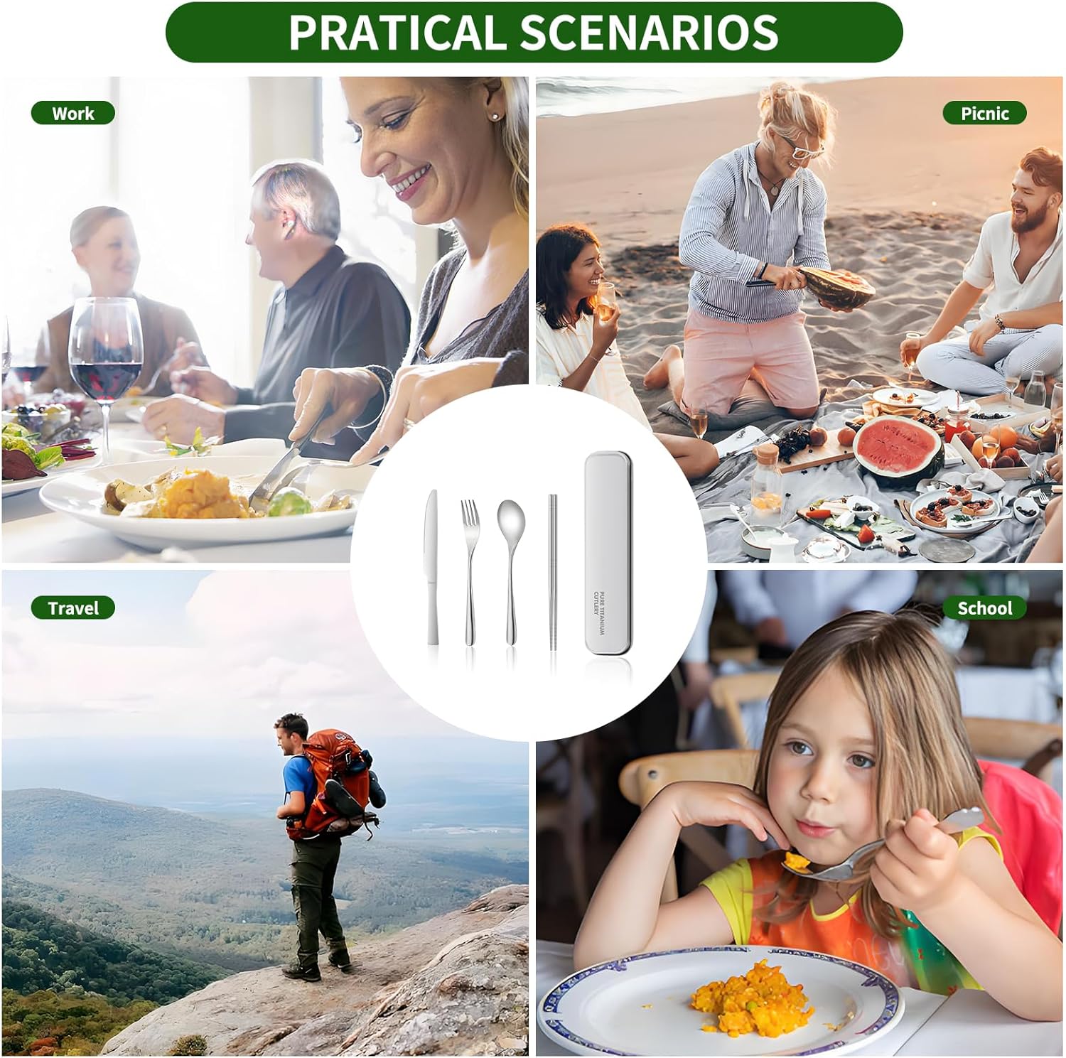 Titanium Travel Tableware Set with Fork, Knife, Chopsticks, and Spoon in Box - Portable Utensils for School, Work, Picnics, and Camping