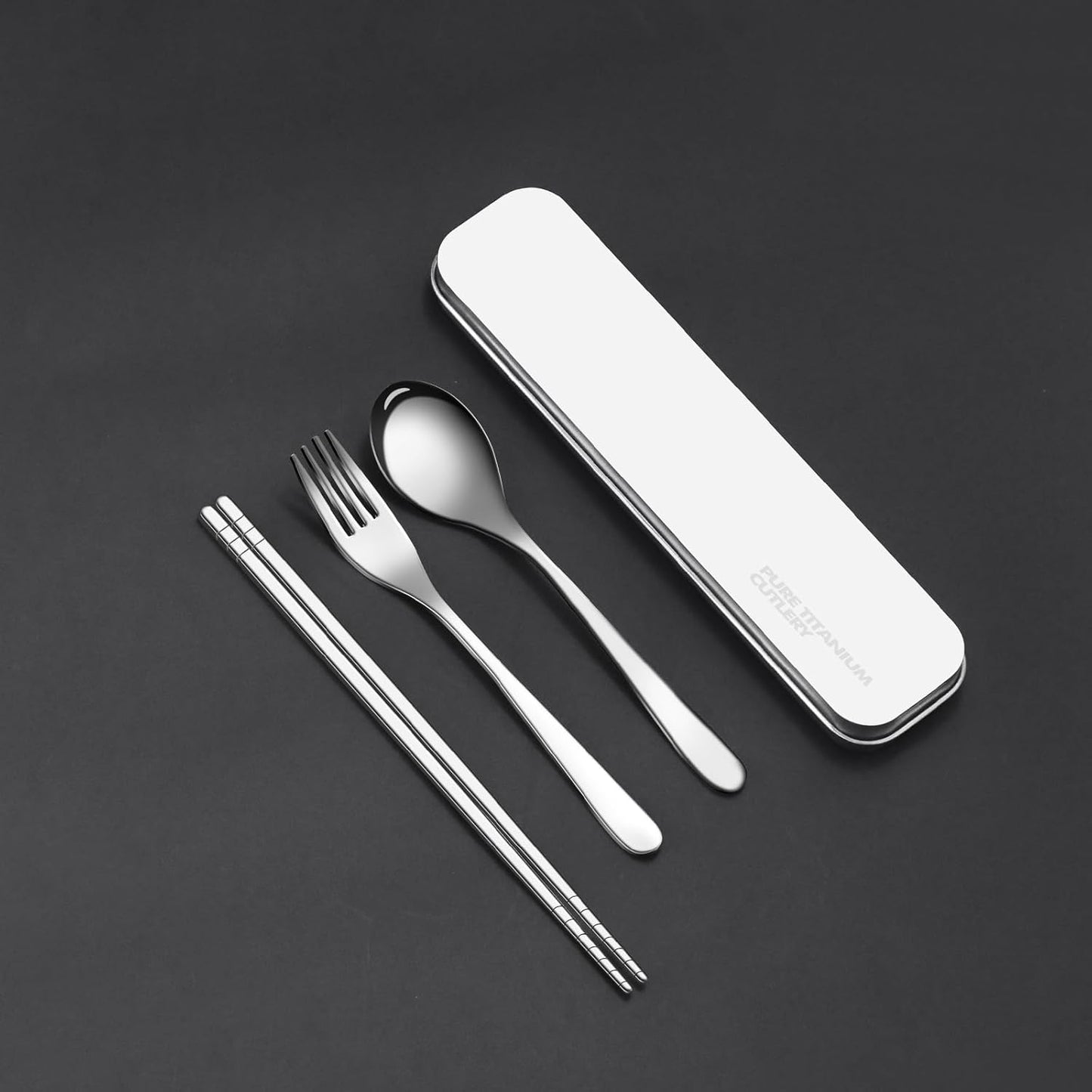 Titanium Travel Tableware Set with Fork, Knife, Chopsticks, and Spoon in Box - Portable Utensils for School, Work, Picnics, and Camping
