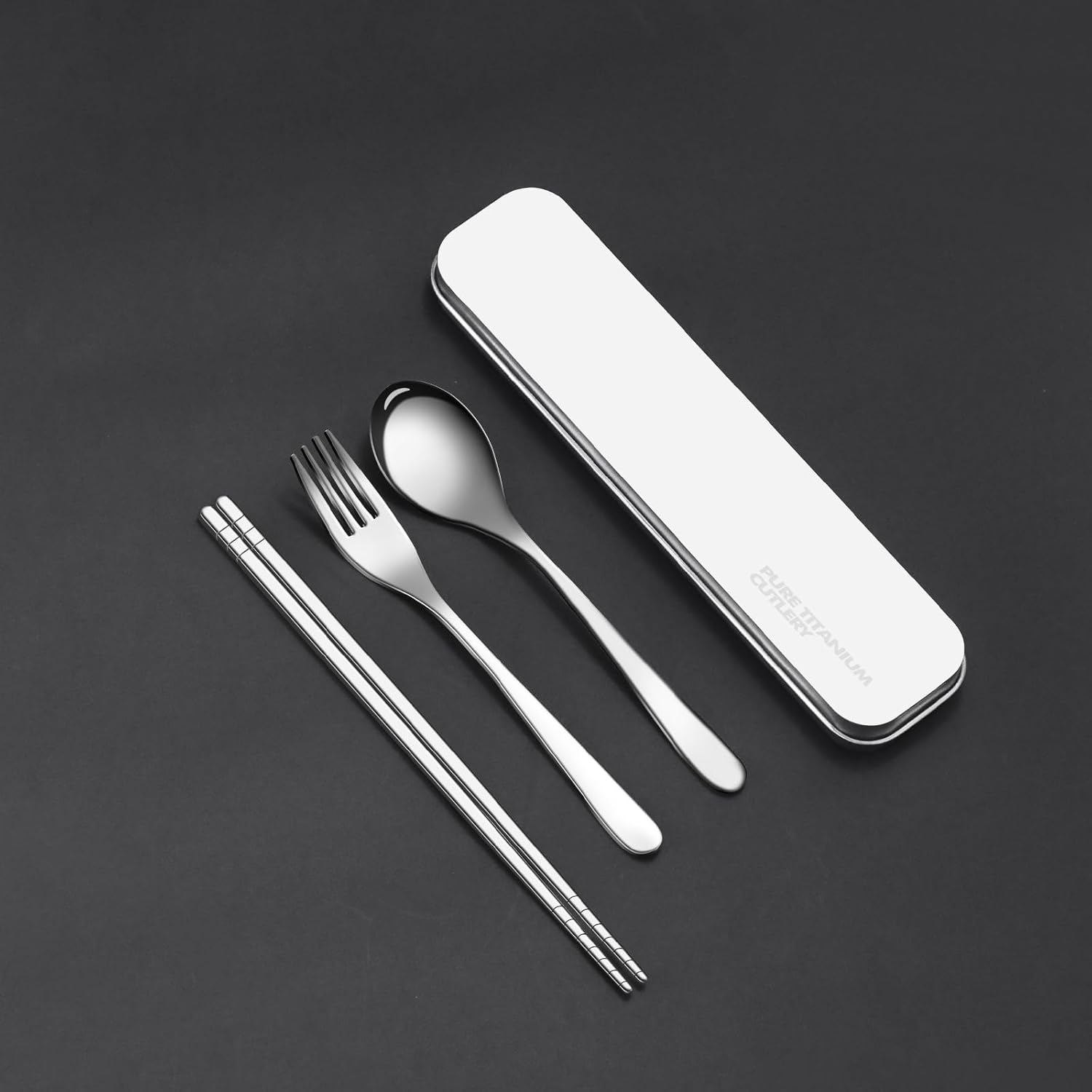 Titanium Travel Tableware Set with Fork, Knife, Chopsticks, and Spoon in Box - Portable Utensils for School, Work, Picnics, and Camping