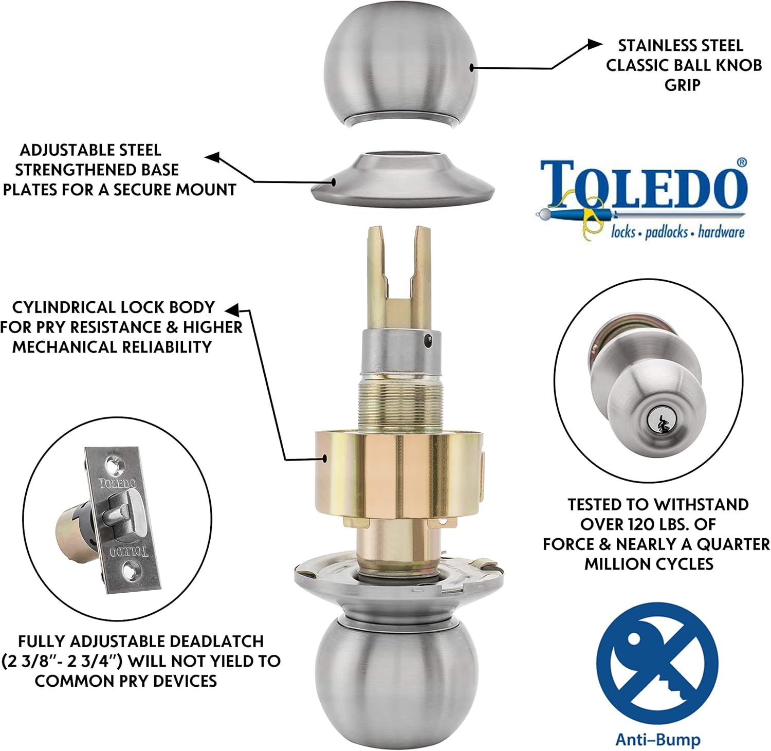 TOLEDO Double Cylinder Knob Lock Set with Bump-Pick Resistance: Keyed Alike on Both Sides for Enhanced Security - Stainless Steel with Satin Chrome Finish