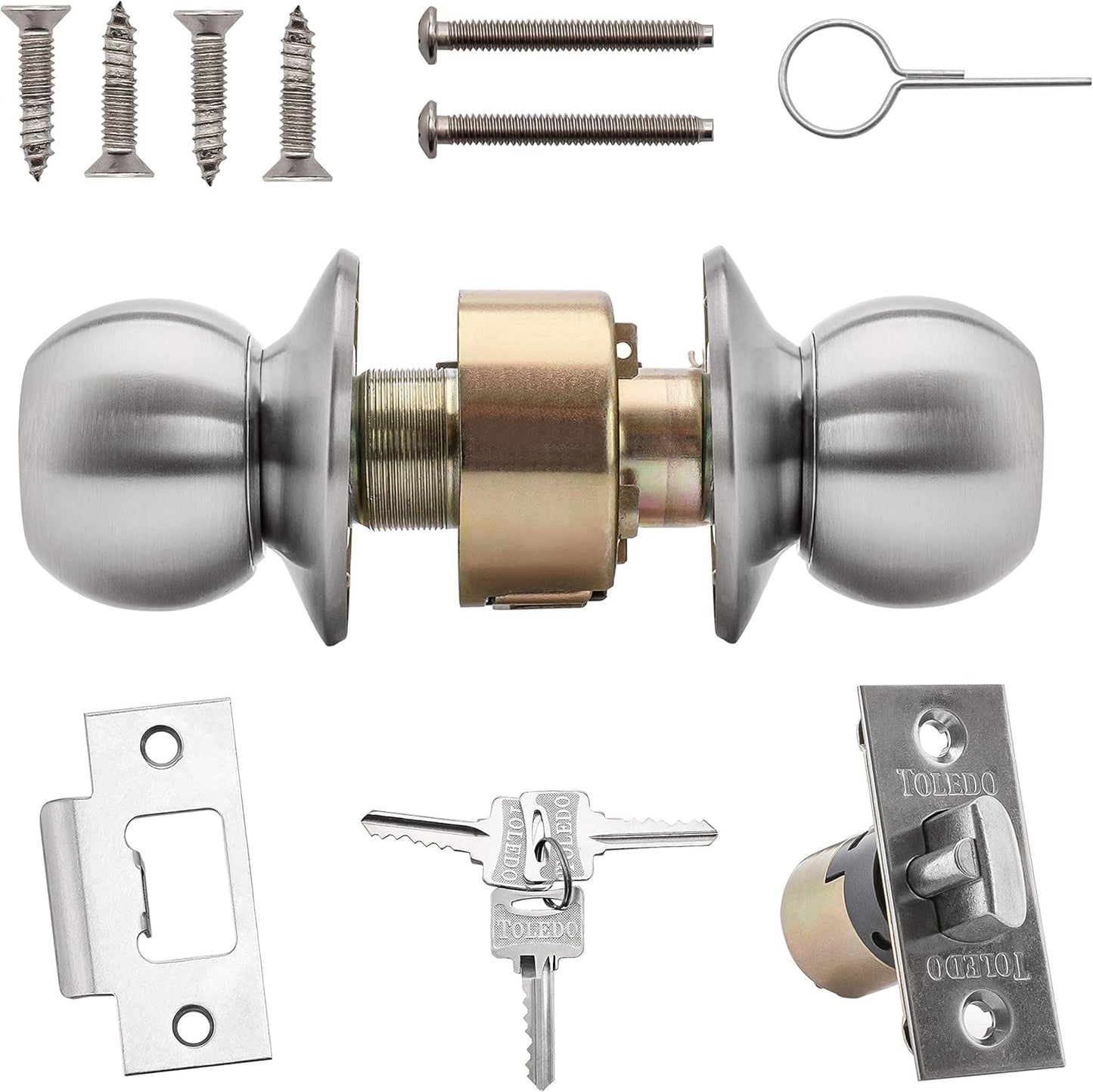 TOLEDO Double Cylinder Knob Lock Set with Bump-Pick Resistance: Keyed Alike on Both Sides for Enhanced Security - Stainless Steel with Satin Chrome Finish