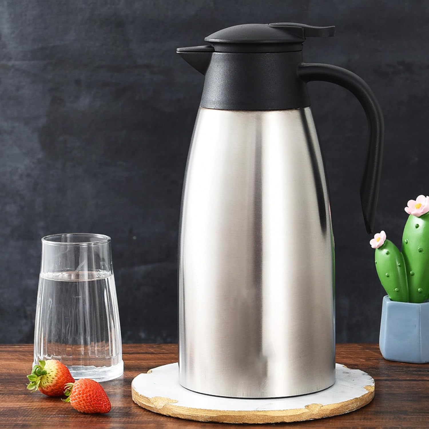 Tomotato 2L Stainless Steel Thermal Carafe - Double Walled Vacuum Insulation - 12 Hour Heat Retention - Hot Water Tea Kettle - Brushed Silver