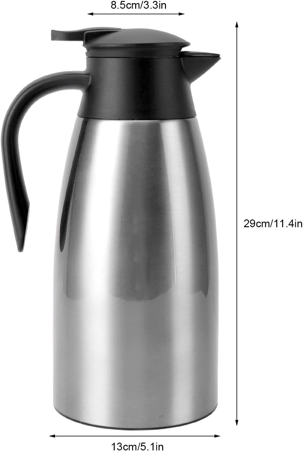 Tomotato 2L Stainless Steel Thermal Carafe - Double Walled Vacuum Insulation - 12 Hour Heat Retention - Hot Water Tea Kettle - Brushed Silver