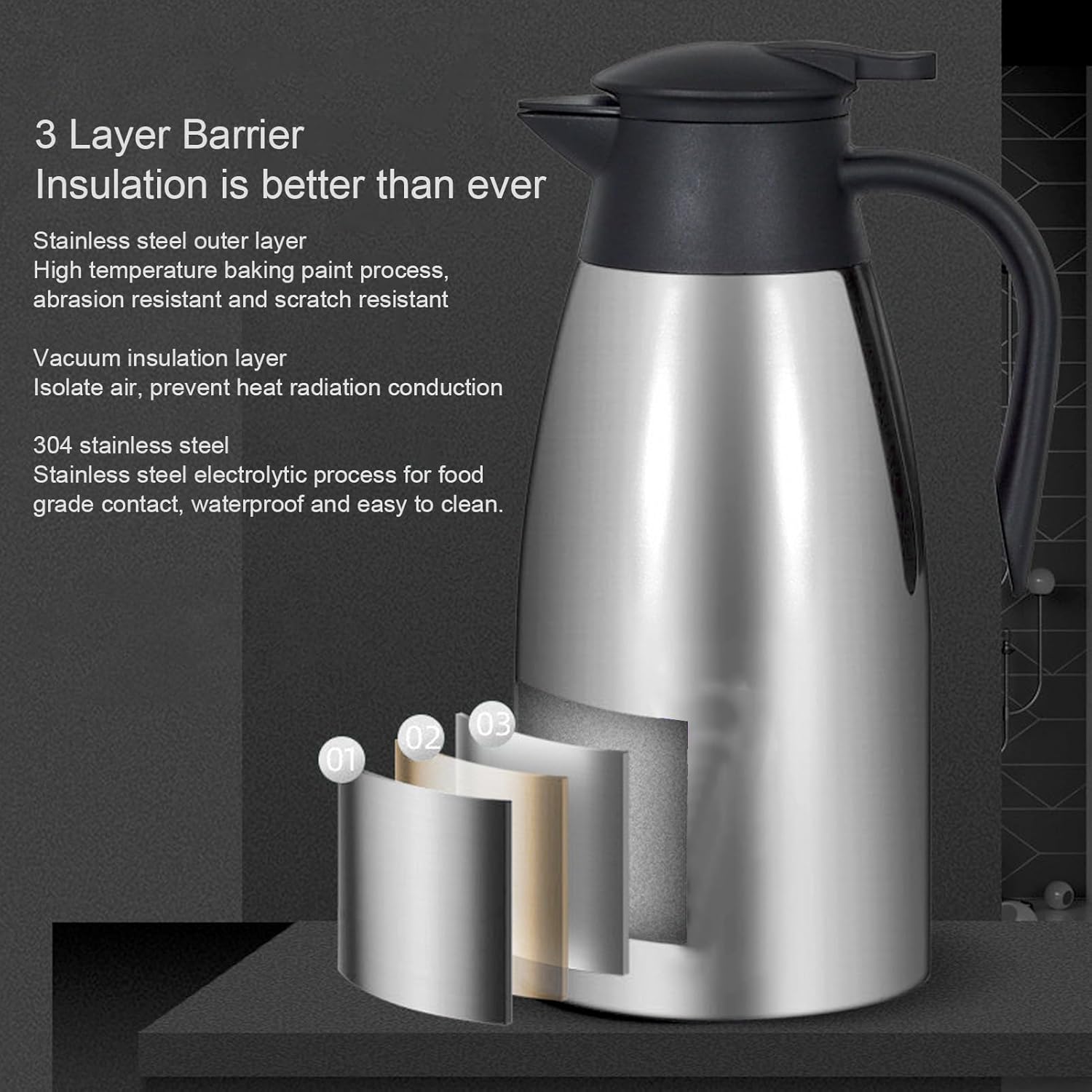 Tomotato 2L Stainless Steel Thermal Carafe - Double Walled Vacuum Insulation - 12 Hour Heat Retention - Hot Water Tea Kettle - Brushed Silver