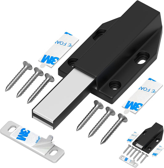 Tonitrui Heavy Duty Magnetic Push Latch for Large Doors - Easy Nail-Free Installation - Kitchen Drawer or Cabinet Touch Release Catch - Black (2 Pack)