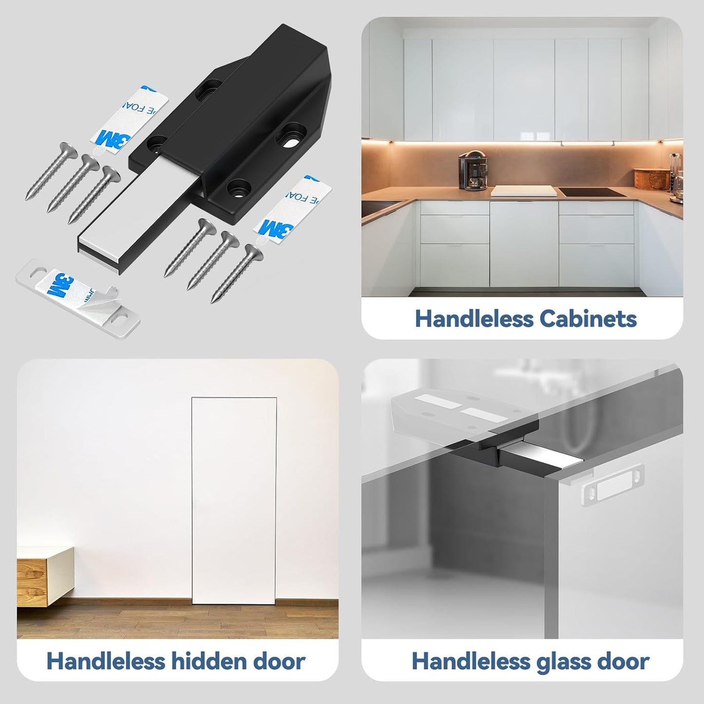 Tonitrui Heavy Duty Magnetic Push Latch for Large Doors - Easy Nail-Free Installation - Kitchen Drawer or Cabinet Touch Release Catch - Black (2 Pack)