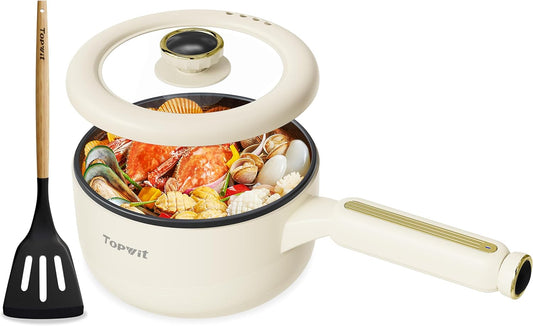 TOPWIT 2L Multifunctional Electric Hot Pot with Non-Stick Pan - Portable for Steak, Egg, Fried Rice, Ramen, Soup - Dual Power Control, Beige (Includes Silicone Spatula)