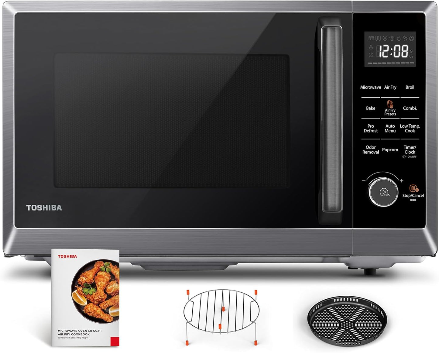 TOSHIBA 8-in-1 Air Fryer Combo Microwave Oven with Convection, Broil, Odor Removal, Mute Function - 1.0 Cu.ft, Black Stainless Steel