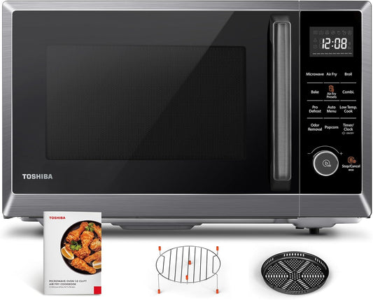 TOSHIBA 8-in-1 Air Fryer Combo Microwave Oven with Convection, Broil, Odor Removal, Mute Function - 1.0 Cu.ft, Black Stainless Steel